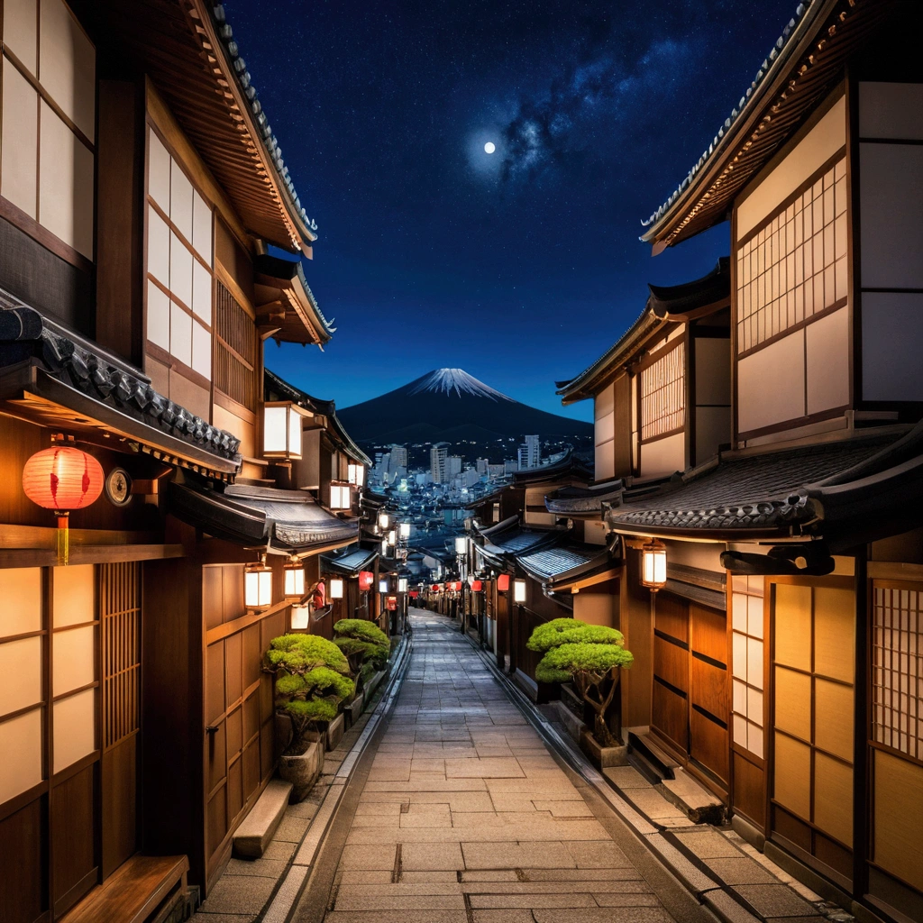 Arabic style view of a street with a clock and buildings in the background, Torii Kiyomasu's painting, Shutterstock, Ukiyo-e, Japan Deeper Journey Exploration, Japanese cities at night, Japan Streets, Japan at Night, Japanese cities, Japanese Street, Kyoto japan setting, Kyoto, Ancient Japanese architecture, Or Japan, Kyoto inspired, Japan Tourism