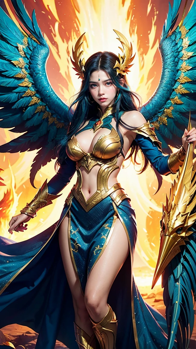 Illustrate Anivia in her Divine Phoenix skin. She has a regal, golden appearance with fiery feathers and a divine, massive k-cups,radiant glow. The background is a mythical, sunlit realm with golden temples and lush, verdant landscapes.