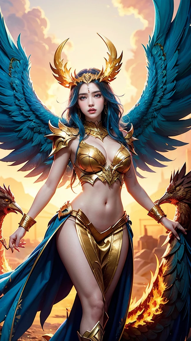 Illustrate Anivia in her Divine Phoenix skin. She has a regal, golden appearance with fiery feathers and a divine, massive k-cups,radiant glow. The background is a mythical, sunlit realm with golden temples and lush, verdant landscapes.