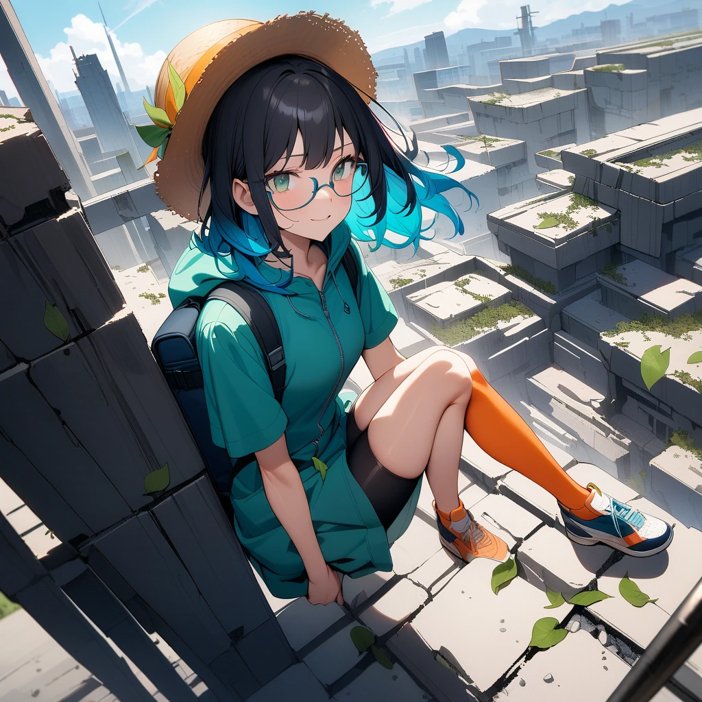 (masterpiece),(best quality),very aesthetic,(ultra-detailed),Collapsed civilization,(Standing on the roof of a broken building),nsfw,1girl,25yo,slender,tall,medium hair,black hair,natural wave hair,flipped hair,dark green eyes,comfortable,smirk,glasses,(straw hat with leaf color ribbon),carrying a aqua blue rucksack, (thigh-high parka dress with gradient earth color,black bike shorts),short sleeves,Sneaker Shoes,short orange socks,broken wristwatch,Abandoned station platform,Broken concrete ground,walking,(Throwing fruit seeds),summer,from side,looking away
