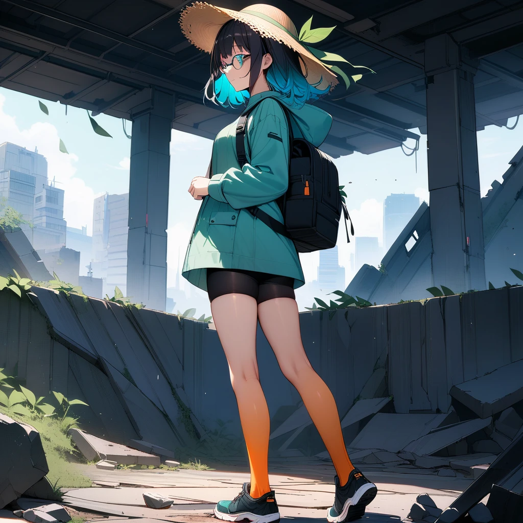 (masterpiece),(best quality),very aesthetic,(ultra-detailed),Collapsed civilization,(Standing on the roof of a broken building),nsfw,1girl,25yo,slender,tall,medium hair,black hair,natural wave hair,flipped hair,dark green eyes,comfortable,smirk,glasses,(straw hat with leaf color ribbon),carrying a aqua blue rucksack, (thigh-high parka dress with gradient earth color,black bike shorts),short sleeves,Sneaker Shoes,short orange socks,broken wristwatch,Abandoned station platform,Broken concrete ground,walking,(Throwing fruit seeds),summer,from side,looking away