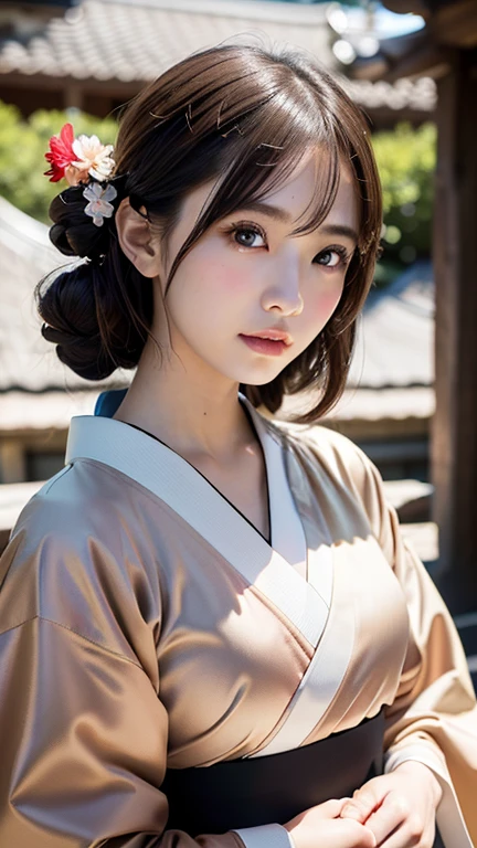 (masterpiece:1.5)、(Realistic:1.5)、(Highest quality:1.4、8k、RAW Photos)、 Ultra-high resolution、Professional Lighting、Perfect dynamic composition、Photoshoot at a Japanese shrine、 Film Grain、chromatic aberration、(Bokeh:1.1)、 Frank、Sophisticated、charm、超Realistic、Attention to detail、Golden Ratio、Anatomically correct、 (1 girl)、Slender girl、繊細でcharm女の子、Cute Woman:1.4、 Serious expression、looking at the camera、Brown Hair、Shiny Hair、Hairstyle: Evening updo、 Realistic looking skin、 Beautiful Eyes、double eyelid、Thin arms、(上品な日本のkimono)、kimono、