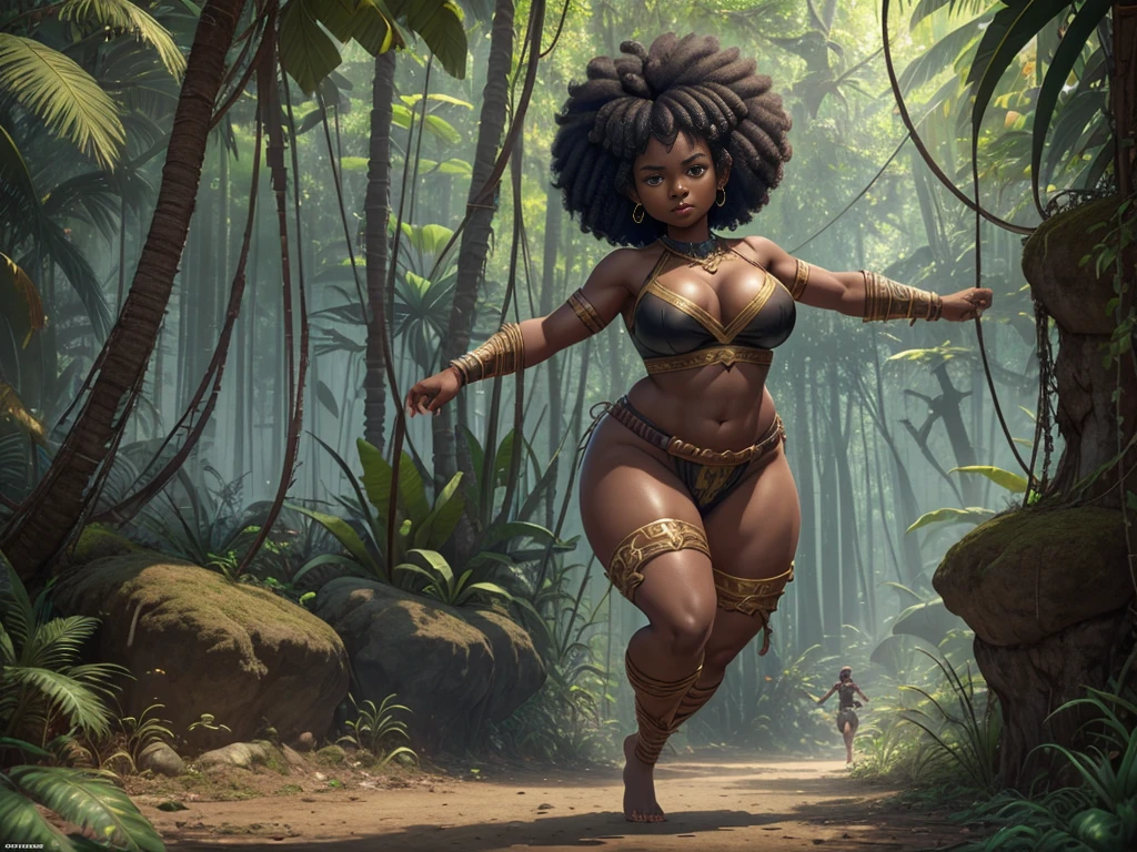 HD, dark skinned, young female, age 18, humanoid, honey, black afro hair, Jackie Parris, ((((Jackie Parris)))), full body cgsociety, 3d character art, full character body, detailed full body concept, stylized character, erotica, ((young girl, 1girl, age 18)), ((complex detailed background, jungle, outside)), erotica, full body, sexy, loincloth, barefoot, wide hips, jungle, thicc body, thicc, chubby, wide hips, small breasts, amazon, action pose, single character