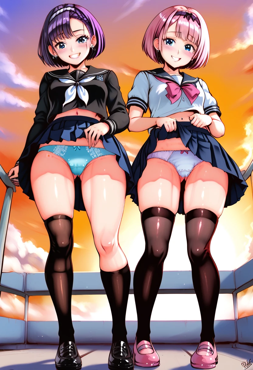 Masterpiece, High quality, 4K, HDR,, two slender women, standing side by side, full body, one with silver short hair other one with blond short hair, one with black eyes other one with blue eyes, both wearing black thighhighs, one wearing A-line blue skirt other one wearing A-line black skirt, one wearing black sailor shirt other one wearing white sailor shirt, one wearing pink lacy panties other one violet lacy panties, (one holding skirt in front and center with hands to show own crotch other one holding skirt in front and center with hands to show own crotch), (both lifting skirt to in front of own stomach), one with shy expression other one grin expression, one showing own crotch other one showing own crotch, school rooftop, looking down, front view, sunset,