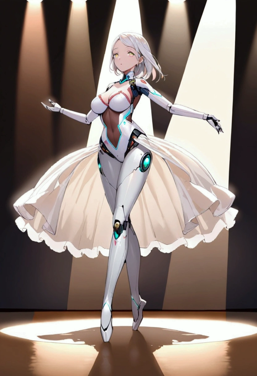 A lovely android woman, obviously mechanical arms and legs, shimmering sheer white gown, backlit eyes) performing ballet with large sweeping movements, spotlight, center stage