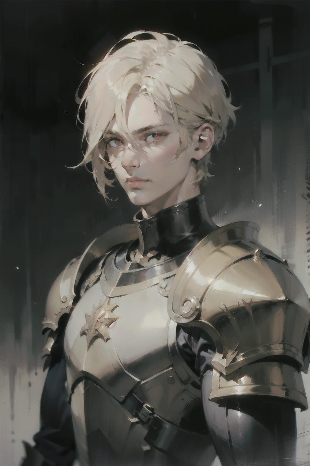 man, muscular, short hair, pixie hairstyle, blond, Red eyes, in armor, shoulder length portrait