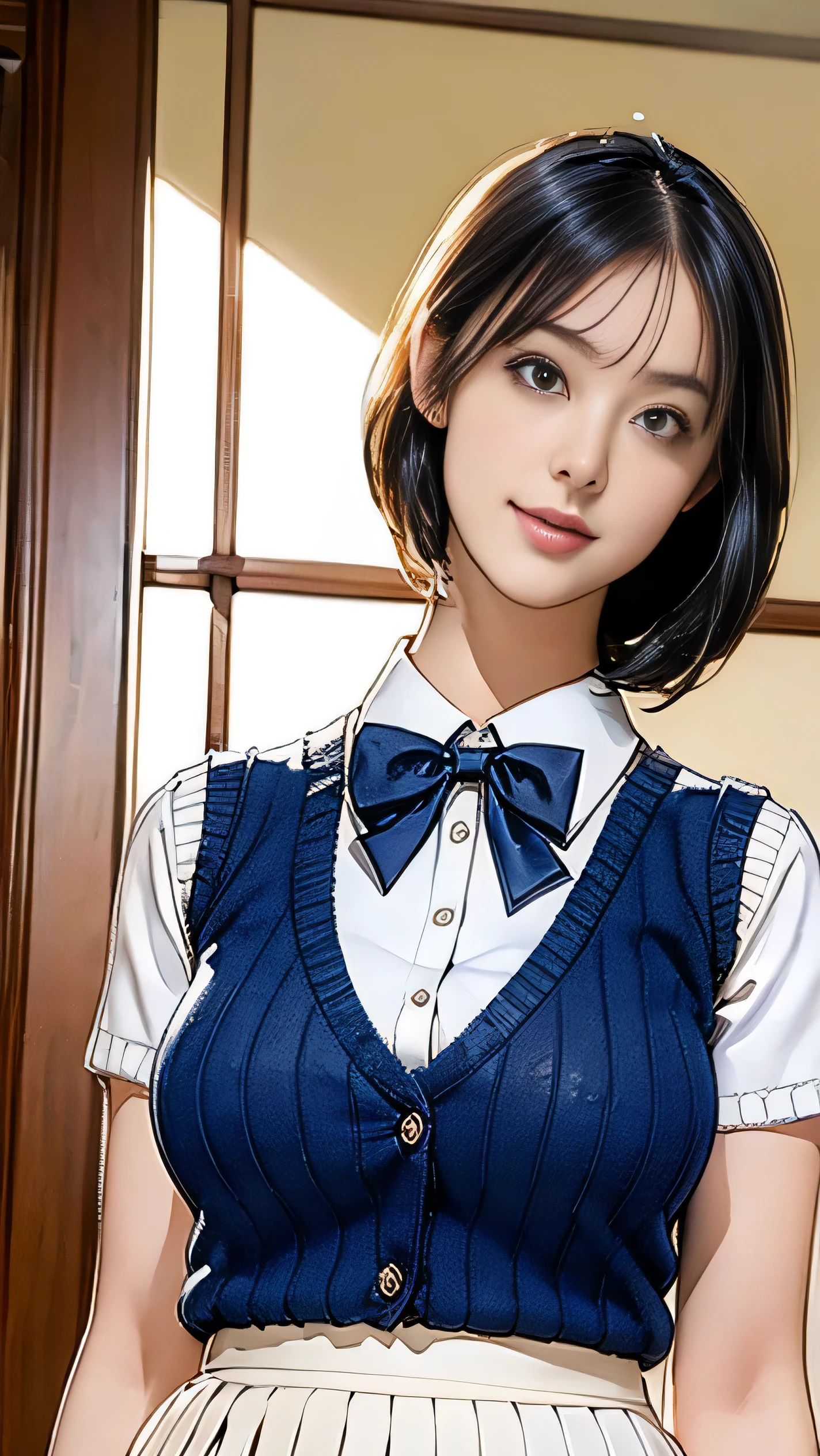 (masterpiece:1.2, best quality), (Practical, photoPractical:1.4), (Large Breasts:1.5, Breast sagging:1.3), Fine quality illustrations, (Natural side light, Cinema Lighting), Written border depth, Looking at the audience, (Face Focus, Upper Body), Front view, 1 girl, Japanese, High school girl, , Perfect face, Symmetrical cute face, Radiant Skin, (Bob Hairstyle:1.7,Black Hair), Asymmetrical bangs, big eyes, Drooping eyes, Long eyelashes chest), Thin, Beautiful hair, Pretty Face, Pretty and beautiful eyes, Beautiful clavicle, Beautiful Body, Beautiful breasts, Beautiful thighs, Beautiful legs, Beautiful fingers, ((High-quality fabric texture, Brown knitted vest, Short sleeve white collar shirt, Navy blue pleated skirt, Navy bow tie)), (beautiful scenery), night, (Flower shop interior), Standing, (Smile, Predominant, open mouth), (From below:1.5),(Low visibility:1.5), (From below)
