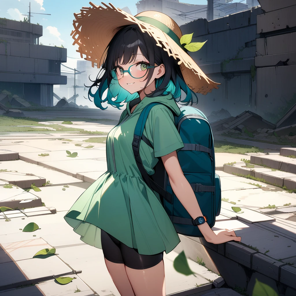 (masterpiece),(best quality),very aesthetic,(ultra-detailed),Collapsed civilization,(on the roof of a broken building),nsfw,1girl,25yo,slender,tall,medium hair,black hair,natural wave hair,flipped hair,dark green eyes,comfortable,smirk,glasses,(straw hat with leaf color ribbon),carrying a aqua blue rucksack, (thigh-high parka dress with gradient earth color,black bike shorts),short sleeves,Sneaker Shoes,short orange socks,broken wristwatch,Abandoned station platform,Broken concrete ground,Standing,(Throwing fruit seeds),summer,from side,looking away