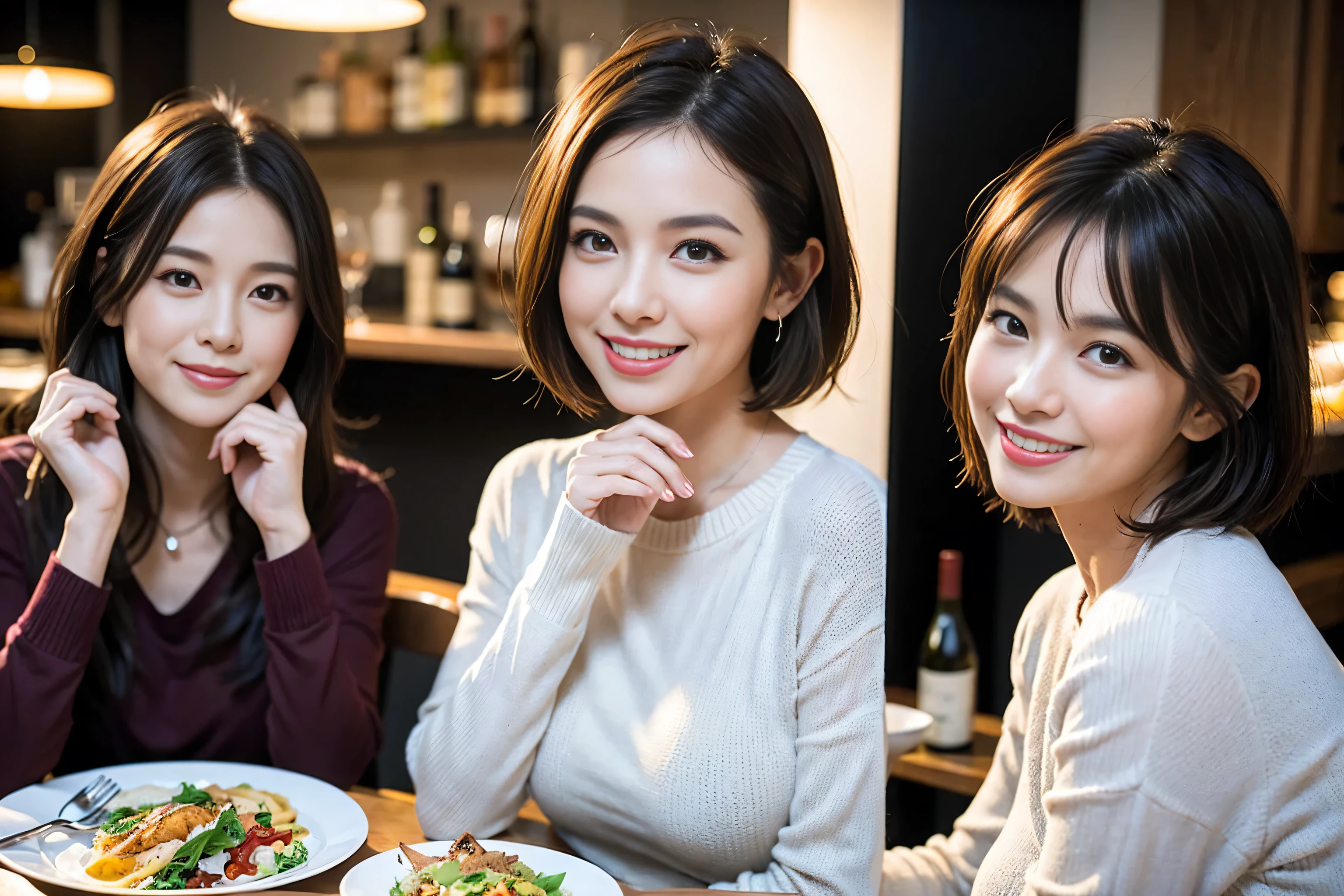 (Realistic:1.1),(masterpiece,Highest quality),8k,(49 years old), 50 years old, slimカップル、Tight waist,Upper Body,full-course dinner、wine 、Amazing view of the sunset sky and clouds、Perfect Anatomy, Brown Hair, short hair,Random Hairstyles,((Highly detailed face and eyes:1.2)),Perfect golden ratio face,Long sleeve shirt、dress,(smile:1.2)、Shortcuts、cute、(Realistic, Intricate details:1.2), A bright smile、short hair,Bright Face、赤wine 、Appetizers、Italian food、wine bottle、Champagne、スパークリングwine、(slimな顔), (The body is slim), (Brown Hair), (Shortcuts), Upper Body, 白wine, slim, wineグラス,
