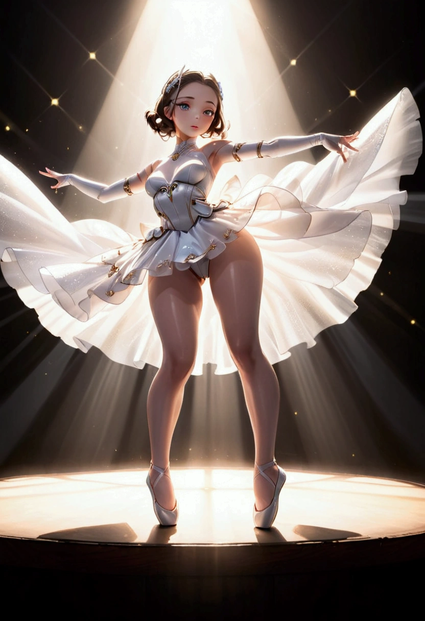 A lovely android woman, obviously mechanical arms and legs, shimmering sheer white gown, backlit eyes) performing ballet with large sweeping movements, spotlight, center stage