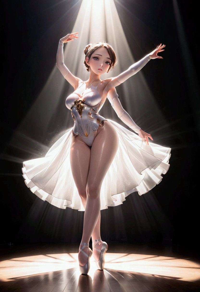 masterpiece, raw photo, 8k, hyper realistic, ((high detail on face)),cinematic lighting, octane render, grand ambience, In a grand dancing studio, a young beautiful ballerina , ((dressed in a pristine white leotard and delicately tied ballet slippers)), gracefully perfects her ballet routine, ((her flowing chestnut hair and petite frame radiating beauty and elegance)) as she glides across the mirrored floor