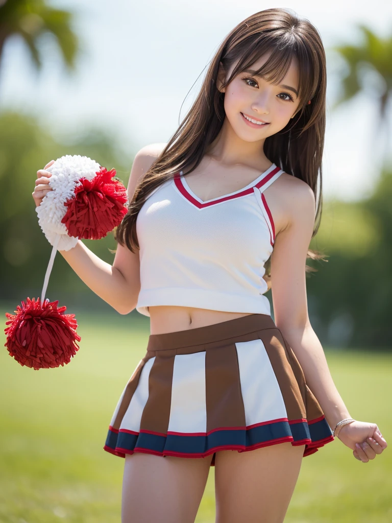 masterpiece, Highest quality, Very detailed, High resolution, (Realistic, photoRealistic:1.37), One beautiful woman, 18-year-old, sexy, Cheerleader, (Holding a pom-pom in both hands:1.3), (mini skirt, Thighs, focus:1.5), smile, cheer leading, Cheerleader uniform, Tank top, マイクロプリーツmini skirt, ((Very delicate and beautiful)), (Bokeh, Blurry outdoor background), Brown Hair, Long Hair, bangs, Very beautiful face, Cute type, Big Natural Color Lip, Big and pretty eyes, Brown eyes, Obvious double, Small and cute nose, Soft Skin, (Glowing Skin, Sweaty: 1.2)'Beautiful legs, 豊満なThighs, Plump body, Huge breasts, (Expresses the roundness and softness of the chest area........1), Beautiful body, (A perfect feminine figure) , Spread your legs, (Provocative dynamic pose), Skirt flip,