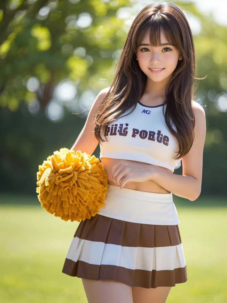 masterpiece, Highest quality, Very detailed, High resolution, (Realistic, photoRealistic:1.37), One beautiful woman, 18-year-old, sexy, Cheerleader, (Holding a pom-pom in both hands:1.3), (mini skirt, Thighs, focus:1.5), smile, cheer leading, Cheerleader uniform, Tank top, マイクロプリーツmini skirt, ((Very delicate and beautiful)), (Bokeh, Blurry outdoor background), Brown Hair, Long Hair, bangs, Very beautiful face, Cute type, Big Natural Color Lip, Big and pretty eyes, Brown eyes, Obvious double, Small and cute nose, Soft Skin, (Glowing Skin, Sweaty: 1.2)&#39;Beautiful legs, 豊満なThighs, Plump body, Huge breasts, (Expresses the roundness and softness of the chest area........1), Beautiful body, (A perfect feminine figure) , Spread your legs, (Provocative dynamic pose), Skirt flip,