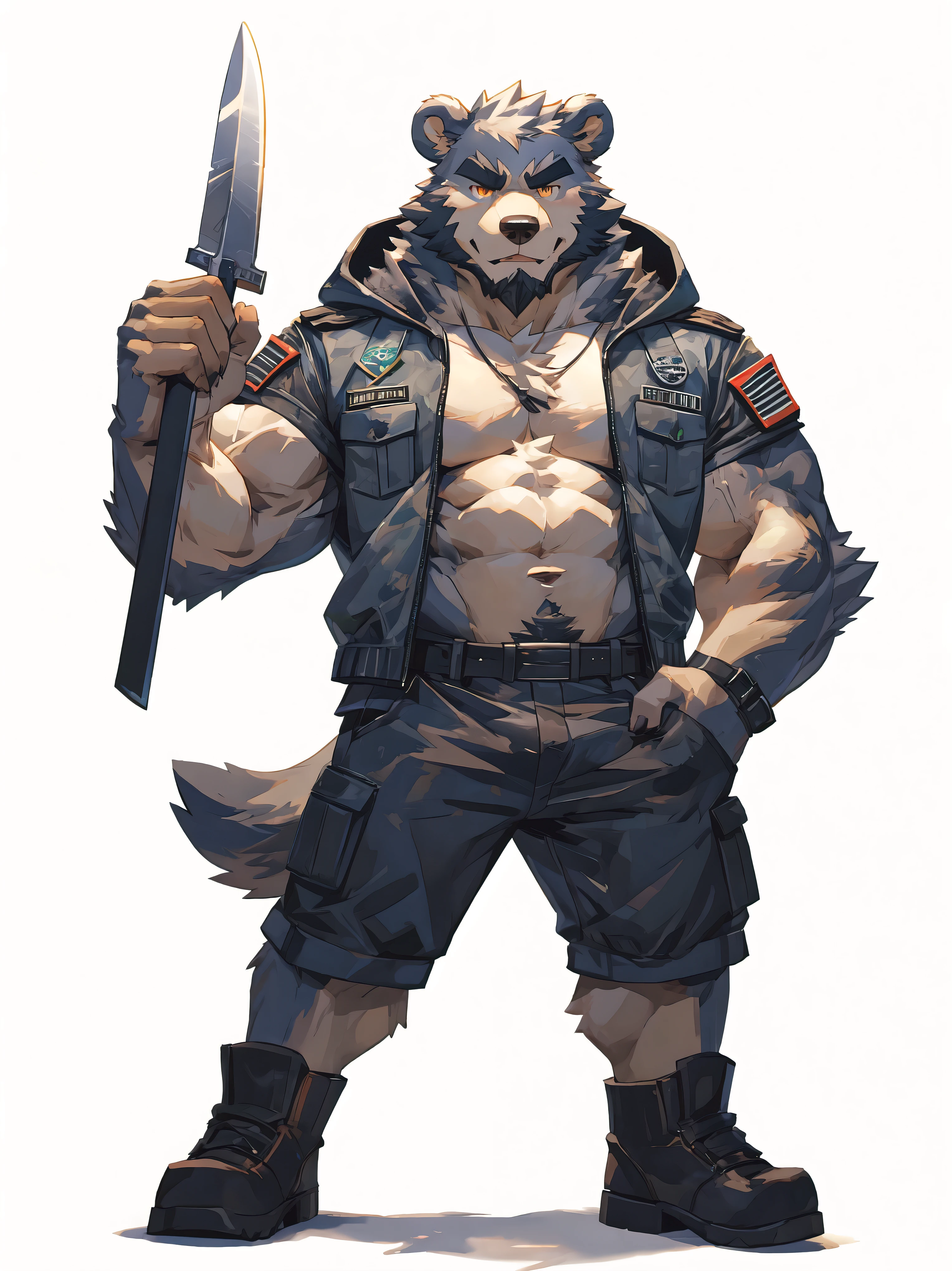 ultra-detailed,extremely detailed and beautiful,(masterpiece:1.2), best quality,pixiv,official art,perfect anatomy,solo, (1_male:1.3) , (muscle), (grey fur:1.4), (muscle bear), (beard:1.2), (gleaming golden eyes), bear tail,Thick black eyebrows, (open short hoodie), (naked inside),cargo shorts,short boots, (pure white background: 1.3), looking at viewer, (dynamic pose:1.1), hoilding a military dagger