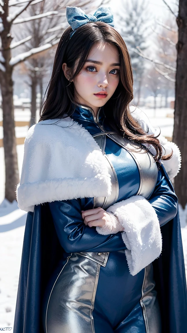 Create an image of Ashe in her Classic skin from League of Legends by Riot Games. massive k-cups,She is wearing a blue and silver armored outfit with a fur-lined cape and a prominent bow. The background is a snowy, wintry landscape with frost-covered trees and a snowstorm.