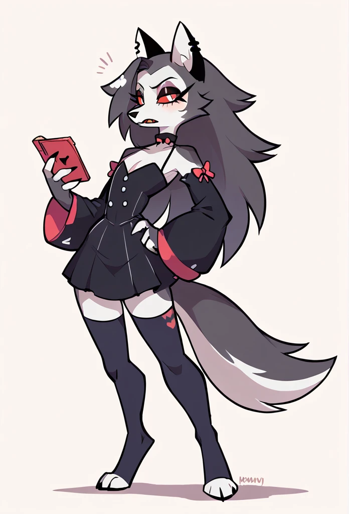 An original character, anthropomorphic, wolf, feminine, tall character, wearing a simple gothic outfit, using some accessories, on a simple background, cartoon art style "Helluva Boss"