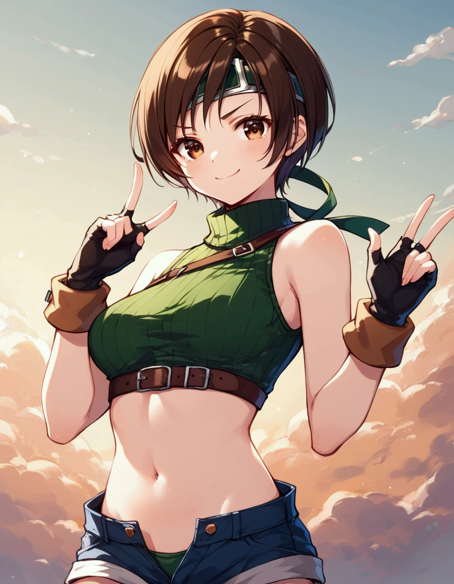 score_9, score_8_up, score_7_up,BREAK best quality,high quality,masterpiece,aesthetic,very aesthetic,　soro,1girl,yuffie kisaragi,, final fantasy,short hair,headband,navel,sleeveless,turtleneck
brown eyes,
sleeveless turtleneck,gloves,crop top,brown hair,shorts,midriff,sweater,open fly,fingerless gloves,ribbed sweater,looking at viewer,smug,v,v-shaped eyebrows,wide eyes,