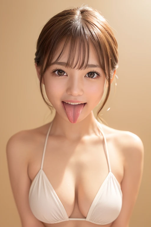 (Highest quality、Tabletop、8k、Best image quality、Award-winning works)、1. pretty girl、(Racy white micro bikini:1.1)、Perfect girl portrait photo、Glowing Skin、Brown Hair、(Cleavage:1.1)、Standing Elegantly、(Face close-up:1.1)、(Open your mouth and stick out your tongue:1.2)、(Perfect beautiful tongue:1.2)、Cute Smile、(The simplest beige background:1.1)