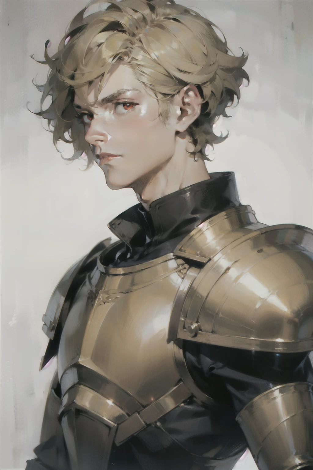 man, muscular, short curly hair, pixie hairstyle, blond, Red eyes, in armor, shoulder length portrait