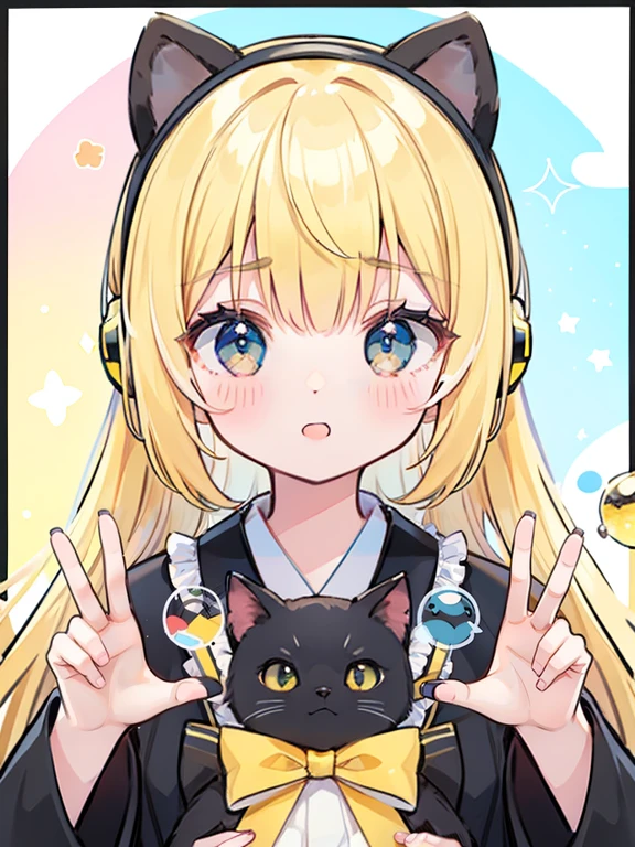 The yellow-haired anime girl is holding a cute black cat,masterpiece, best quality, 8K resolution, Clear focus, Intricate details, beautiful girl, Bright Eyes, Golden ratio face,,Vibrant colors, Fantastic, rich and colorful, Clear focus, high resolution, Fine details, Japanese girls high school uniform, ((Round eyes)), rainbow bubbles, Checkers board in the background，Headphones，Glass marbles，