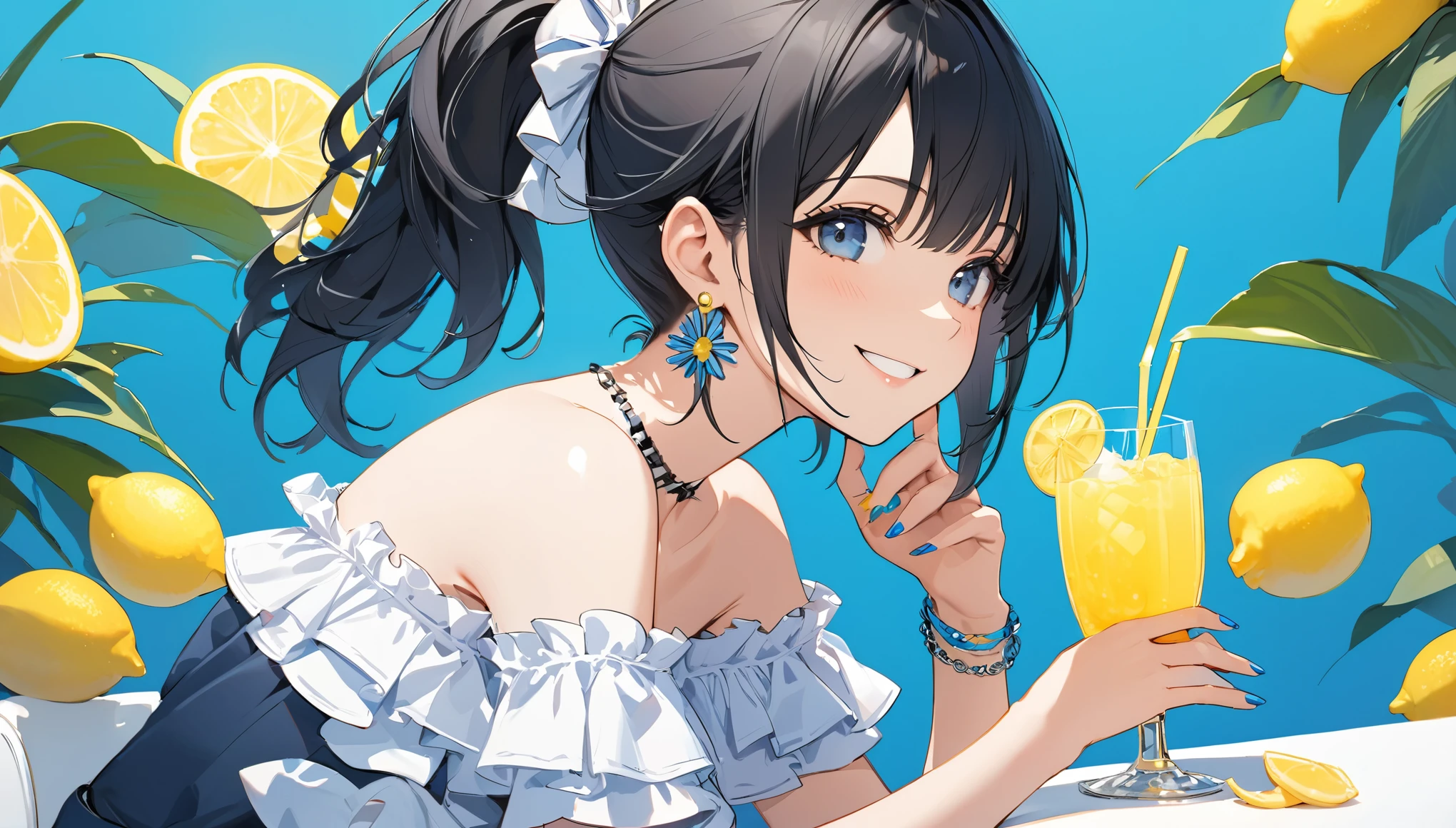Highest quality,One girl,alone,Black hair ponytail,Earrings,Drinking a drink from a cup with a straw,lemon juice,Off-the-shoulder clothing,bracelet,nail,Frills,clavicle,The background is blue,smile