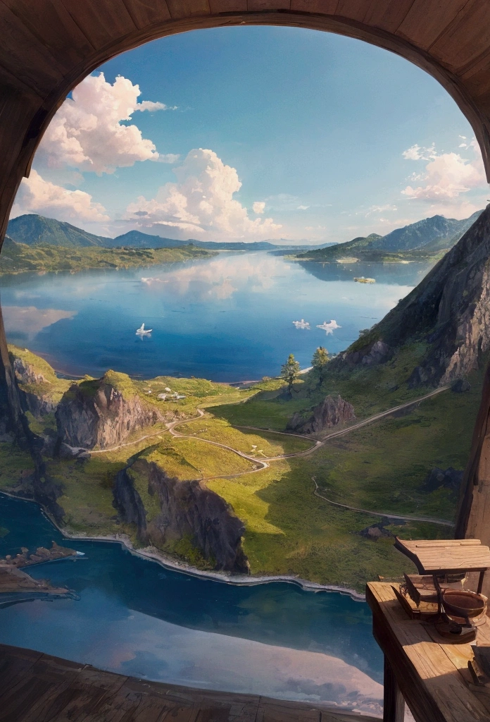 4k HD Wallpaper,The sky in the distance,Lake。There is an island in the middle,swan