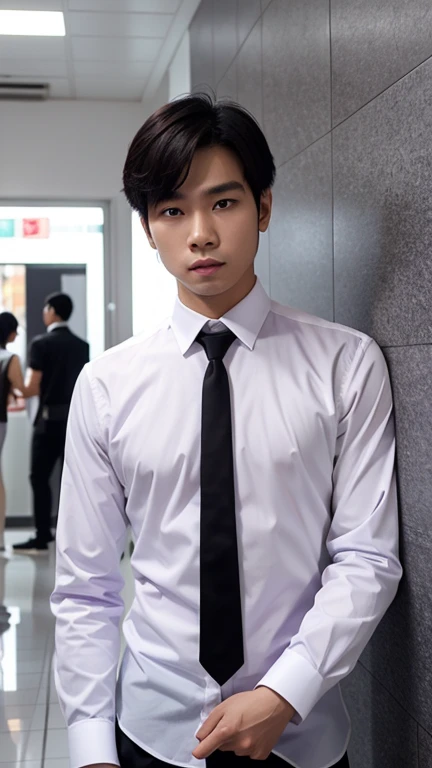 solo , 1man , thai man , white shirt with collar , black Long pants , purple necktie