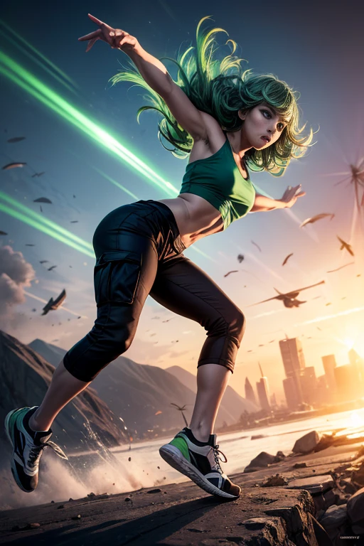 (masterpiece, best quality:1.2), Tatsumaki, solo, break dancing, power movements, strenuous movements, intense footwork, Dynamic Motion Blur, Sweat shines and pops, cyberpunk, lips apart, (green hair, brown eyes), Anatomically accurate hands and fingers, (crop top, cargo pants, sneakers), Fluttering hair, particles, atmosphere full of steam, professional lighting, cinematic lighting, Dynamic action scenes, 