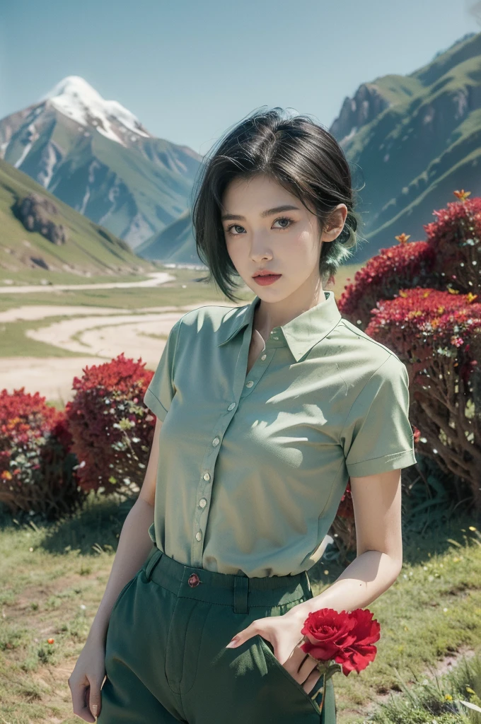 (((best quality))),(((ultra detailed))),(((masterpiece))),illustration,((1 beautiful girl,tomboy,solo)),(short black hair:1.3),((slim,thin)),((small breasts,thin)), vigorous, confident, (light green collared short-sleeved shirt:1.3), (dark green pants:1.2),(standing:1.3),simplicity, robustness, strong features, (Abandoned Gobi Scene:1.3),(Rock surface:1.2),glowing eyes, rebellious, sensible, (mountainous landscape:1.3), (beside a vibrant red flower:1.3),elegance, unyielding spirit, youthful beauty, strength, resilience, adversity, challenges,((from front,upper body))
