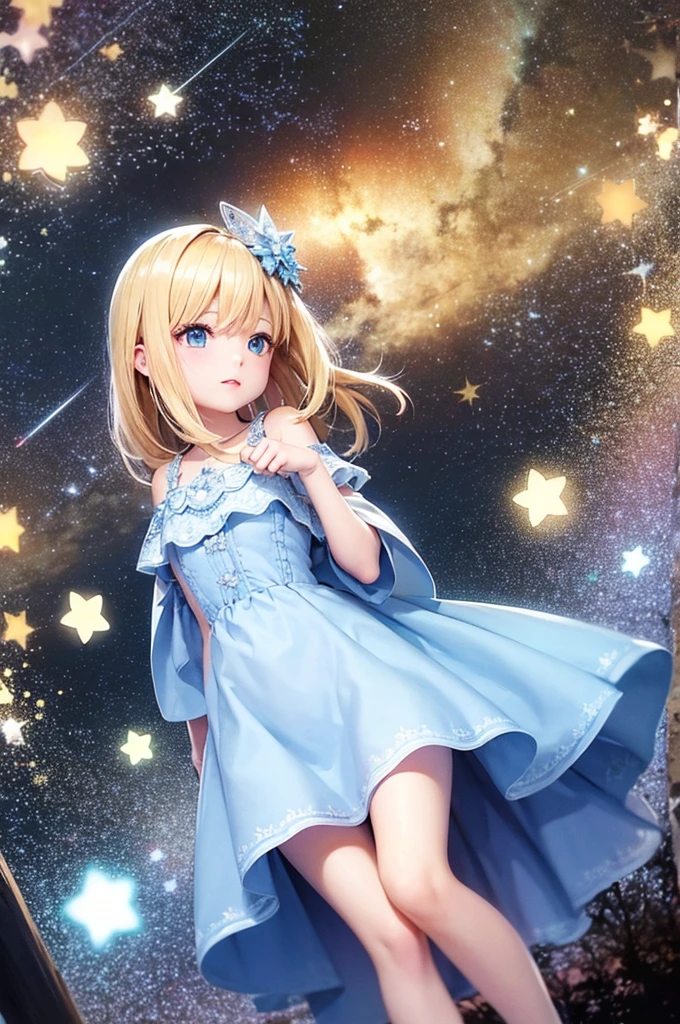 Blonde Medium Hair Blue Eyes beautiful girl Light blue dress Star hair ornament Starry Sky