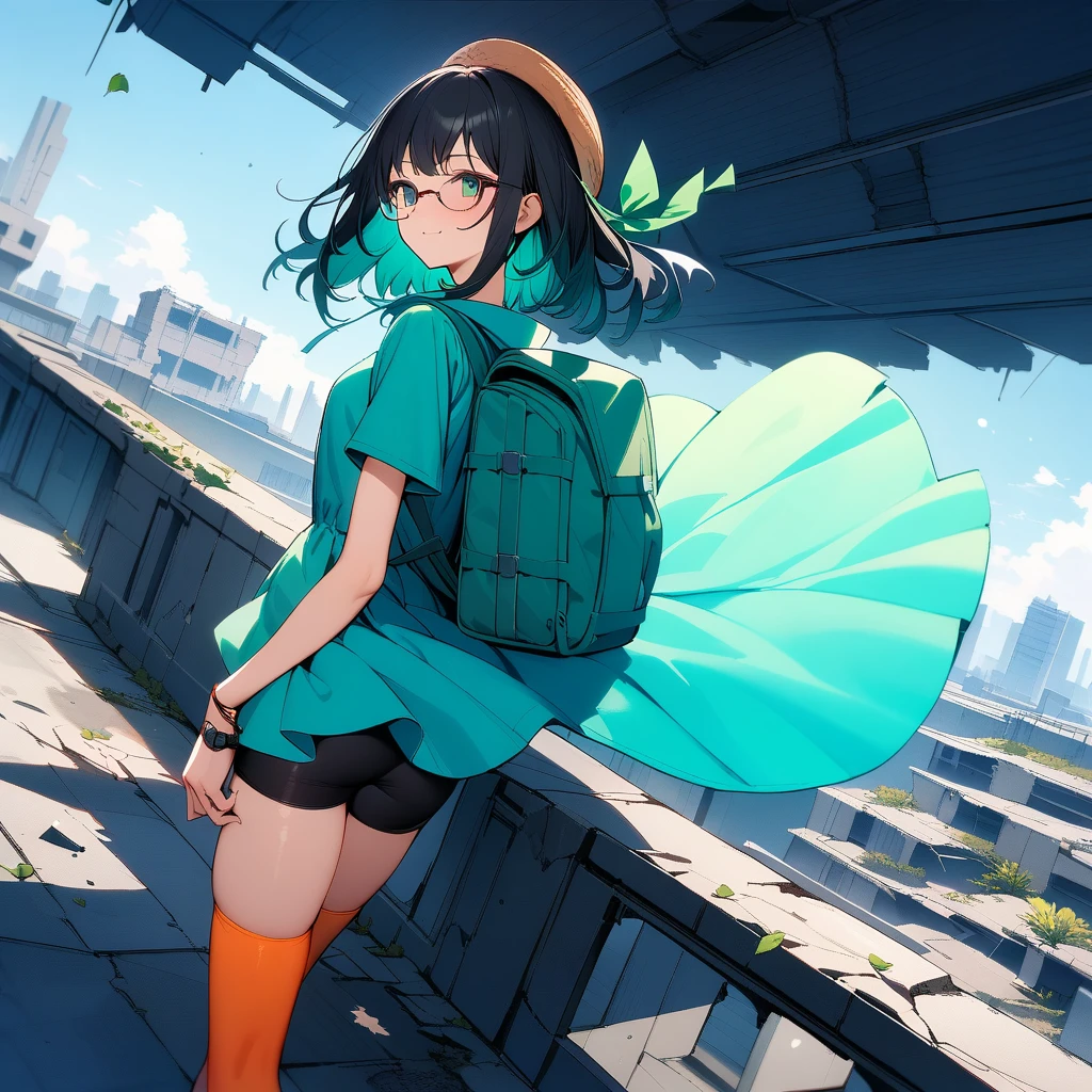 (masterpiece),(best quality),very aesthetic,(ultra-detailed),Collapsed civilization,(on the roof of a broken building),nsfw,1girl,25yo,slender,tall,medium hair,black hair,natural wave hair,flipped hair,dark green eyes,comfortable,smirk,glasses,(straw hat with leaf color ribbon),carrying a aqua blue rucksack, (thigh-high parka dress with gradient earth color,black bike shorts),short sleeves,Sneaker Shoes,short orange socks,broken wristwatch,Abandoned station platform,Broken concrete ground,Standing,(Throwing fruit seeds from hand),summer,from side,cowboy shot,looking away