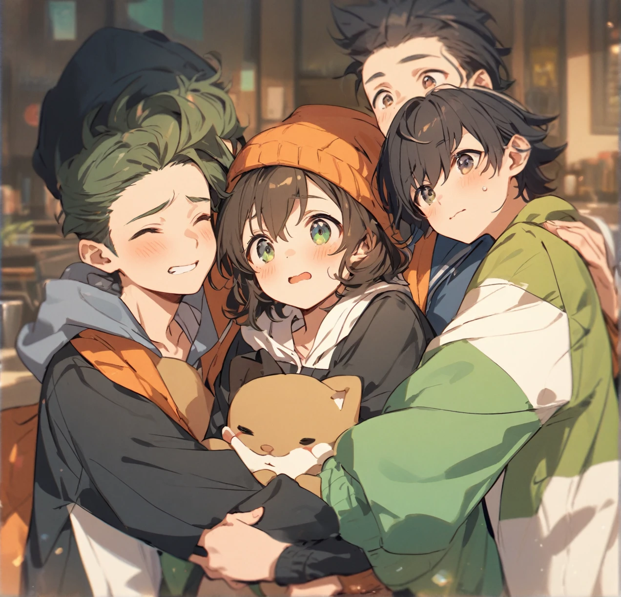 Three different cute male teenagers hugging together