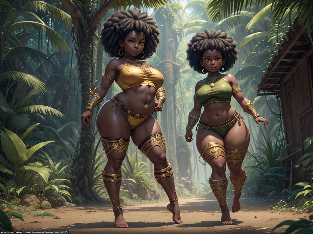 HD, dark skinned, young female, age 18, humanoid, honey, black afro hair, Jackie Parris, ((((Jackie Parris)))), full body cgsociety, 3d character art, full character body, detailed full body concept, stylized character, erotica, ((young girl, 1girl, age 18)), ((complex detailed background, jungle, outside)), erotica, full body, sexy, loincloth, barefoot, wide hips, jungle, thicc body, thicc, chubby, wide hips, small breasts, amazon, action pose, single character