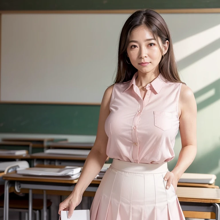 High resolution, High-level image quality, High definition, masterpiece, 8k, Anatomically correct, Professional Lighting, sharp, White Photo, ((Japanese Mature, 90 years old, Beautiful female teacher)), One person, ((Facial wrinkles)), Shapely large breasts, Straight, light brown, long hair that reaches the shoulders, Chubby body type, ((School classroom, Standing upright, holding the attendance book and looking at the viewer)), (((A light pink sleeveless summer buttoned shirt tucked into a skirt, Tight summer high waisted white long flared skirt))), A composition that shows what's under a skirt from the feet up