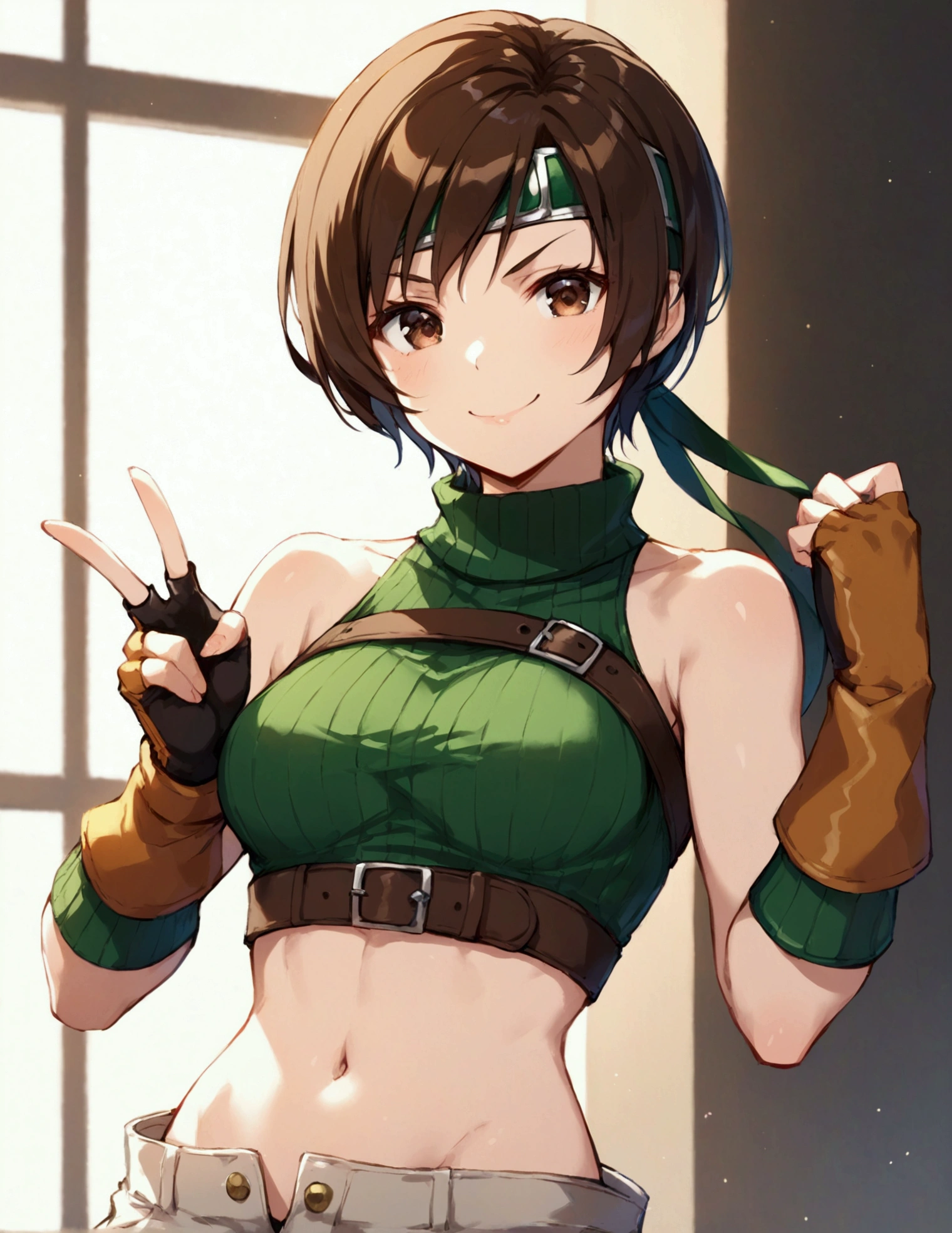 score_9, score_8_up, score_7_up,BREAK best quality,high quality,masterpiece,aesthetic,very aesthetic, soro,1girl,yuffie kisaragi,, final fantasy,short hair,headband,navel,sleeveless,turtleneck
brown eyes,
sleeveless turtleneck,gloves,crop top,brown hair,shorts,midriff,sweater,open fly,fingerless gloves,ribbed sweater,looking at viewer,smug,v,v-shaped eyebrows,wide eyes,