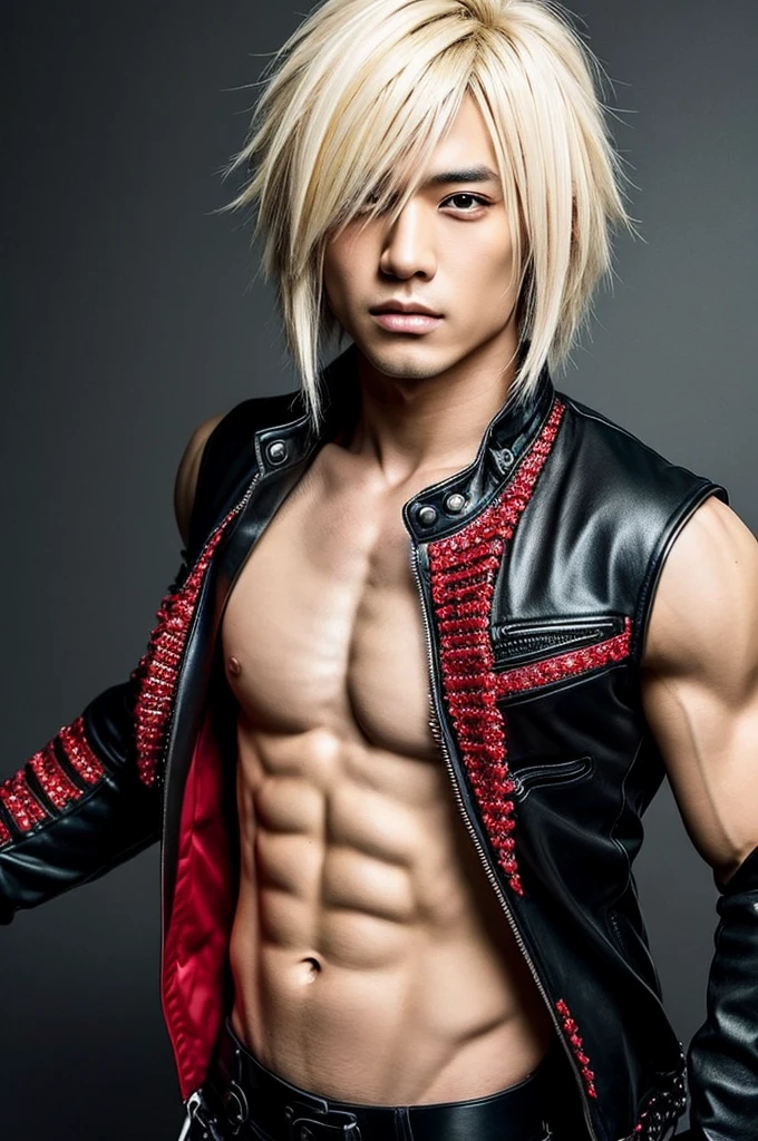 1 Japanese rocker, male, Asian eyes, full body view, Visual kei hairstyle, pretty face, hyperrealistic, realistic representation, ultra detailed face and eyes, muscular, broad shoulders, rocker clothing, 40 years, black and blonde hair