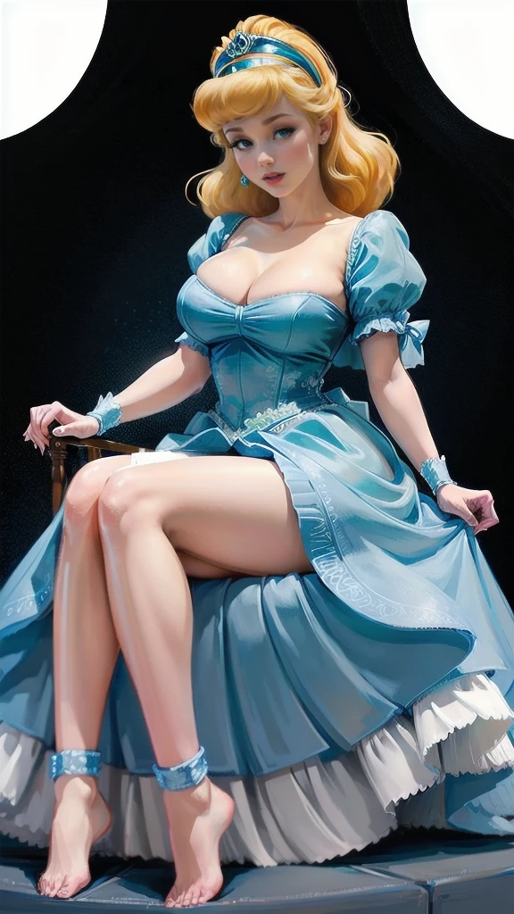 ((1 girl)), Masterpiece, (high quality, best render), (beautiful girl, cinderella), (bomb, pin-up style), hot, floss, perfect body, 4k hd, disney princess, beautiful female princess, anime princess, hd artwork, official art, disney cartoon, beautiful princess, long thin legs, large breasts, holding dress, vibrant colors, a cartoon princess in a blue dress with a tiable, she has pale skin, cinderella, disney character, disney character style, disney's princess, disney art style, disney artstyle, anime princess, fantasy, full dress, fancy party background, barefoot, 5 toes, black toe nails, Focus full body, sitting on a chair, tied ankles together,tied arms, 