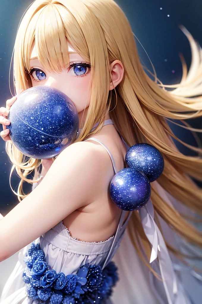 Blonde Medium Hair Blue Eyes beautiful girl 水色のStarry Skyのワンピース Star hair ornament Starry Sky