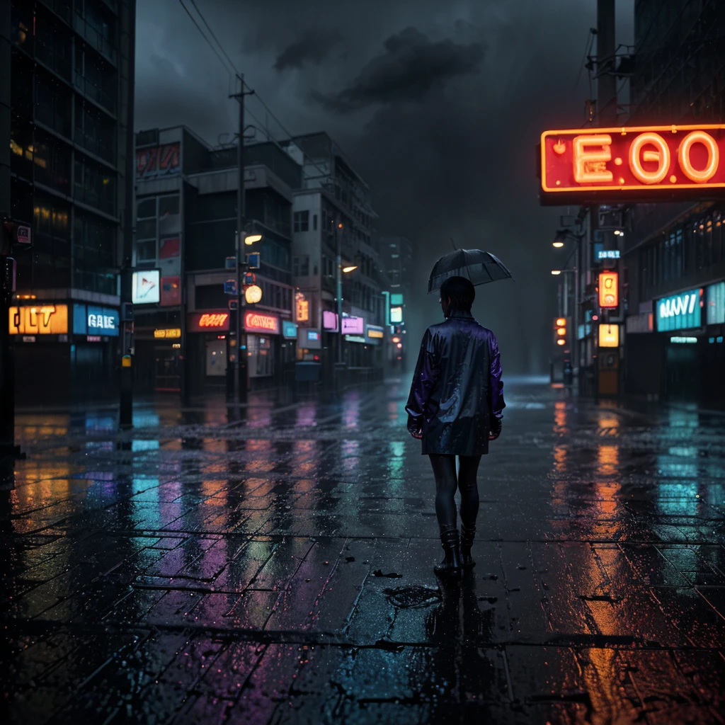 a neon light sign on a rainy street, neon sign, cyberpunk cityscape, cinematic lighting, dramatic atmosphere, heavy rain, reflections on wet pavement, moody colors, blue and purple tones, glowing neon, intricate neon sign, detailed architecture, urban environment, dark night sky, atmospheric fog, depth of field, bokeh, best quality, 8k, photorealistic, cinematic lighting, moody colors, heavy rain, dramatic atmosphere