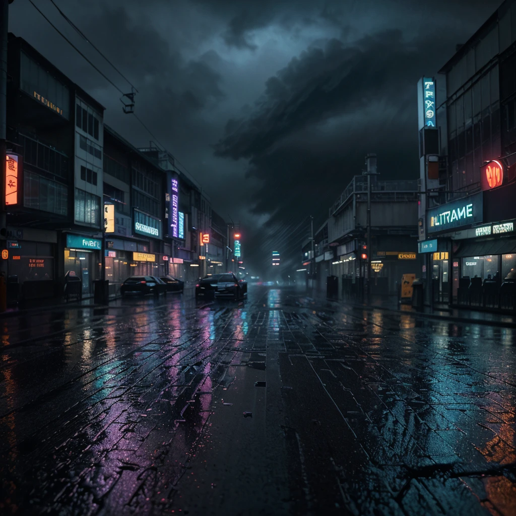 a neon light sign on a rainy street, neon sign, cyberpunk cityscape, cinematic lighting, dramatic atmosphere, heavy rain, reflections on wet pavement, moody colors, blue and purple tones, glowing neon, intricate neon sign, detailed architecture, urban environment, dark night sky, atmospheric fog, depth of field, bokeh, best quality, 8k, photorealistic, cinematic lighting, moody colors, heavy rain, dramatic atmosphere