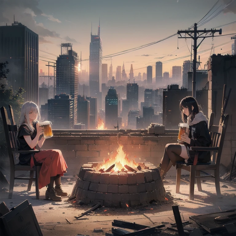(2girls), alone, lonely, sad, depressing, dark, cinematic, (watching the world burn), apocalypse, world ending, ruined buildings, dynamic shot, madness, glee, disappointment, stand above all, against the odds, desperate prayer, grim fate, cruel hope, death awaits, (high-fantasy), (((drinking beer on a lone chair in the middle of nowhere))), (fire all around), (burning flames all around), cinders, blaze, (gravestones everywhere), ((((one hundred red swords piercing ground)))), metropolis, skyscraper, (cityscape), end of the world, panorama, city exploding, warzone, ((((one girl leaning head on other girls shoulder)))), nonchalant