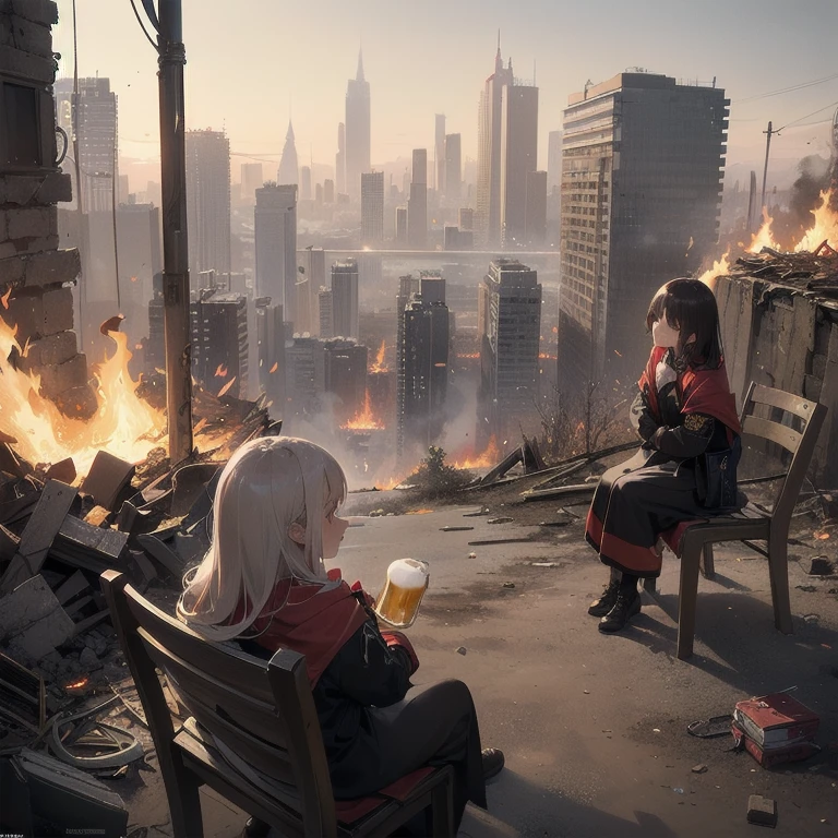 (2girls), alone, lonely, sad, depressing, dark, cinematic, (watching the world burn), apocalypse, world ending, ruined buildings, dynamic shot, madness, glee, disappointment, stand above all, against the odds, desperate prayer, grim fate, cruel hope, death awaits, (high-fantasy), (((drinking beer on a lone chair in the middle of nowhere))), (fire all around), (burning flames all around), cinders, blaze, (gravestones everywhere), ((((one hundred red swords piercing ground)))), metropolis, skyscraper, (cityscape), end of the world, panorama, city exploding, warzone, ((((one girl leaning head on other girls shoulder)))), nonchalant