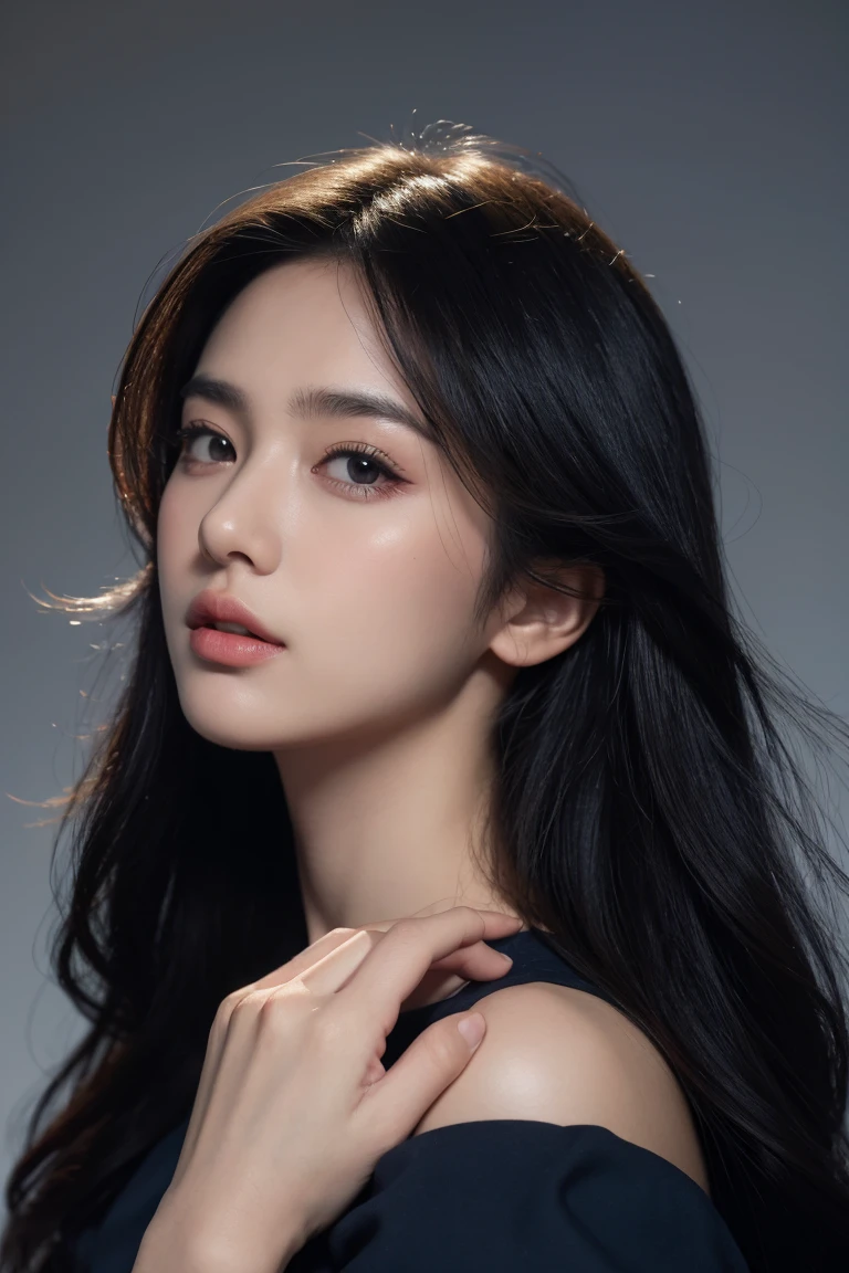navy blue background, (best quality,4k,8k,highres,masterpiece,ultra-detailed), elegant portrait, beautiful detailed eyes, beautiful detailed lips, photography ,low lightning, portrait ,black hair, natural long hair, 28 years old, full dress, closed mouth, no teeth showing, real textured skin, body facing camera, showing hands, perfect hands, dark photo, far view, pakaian tertutup
