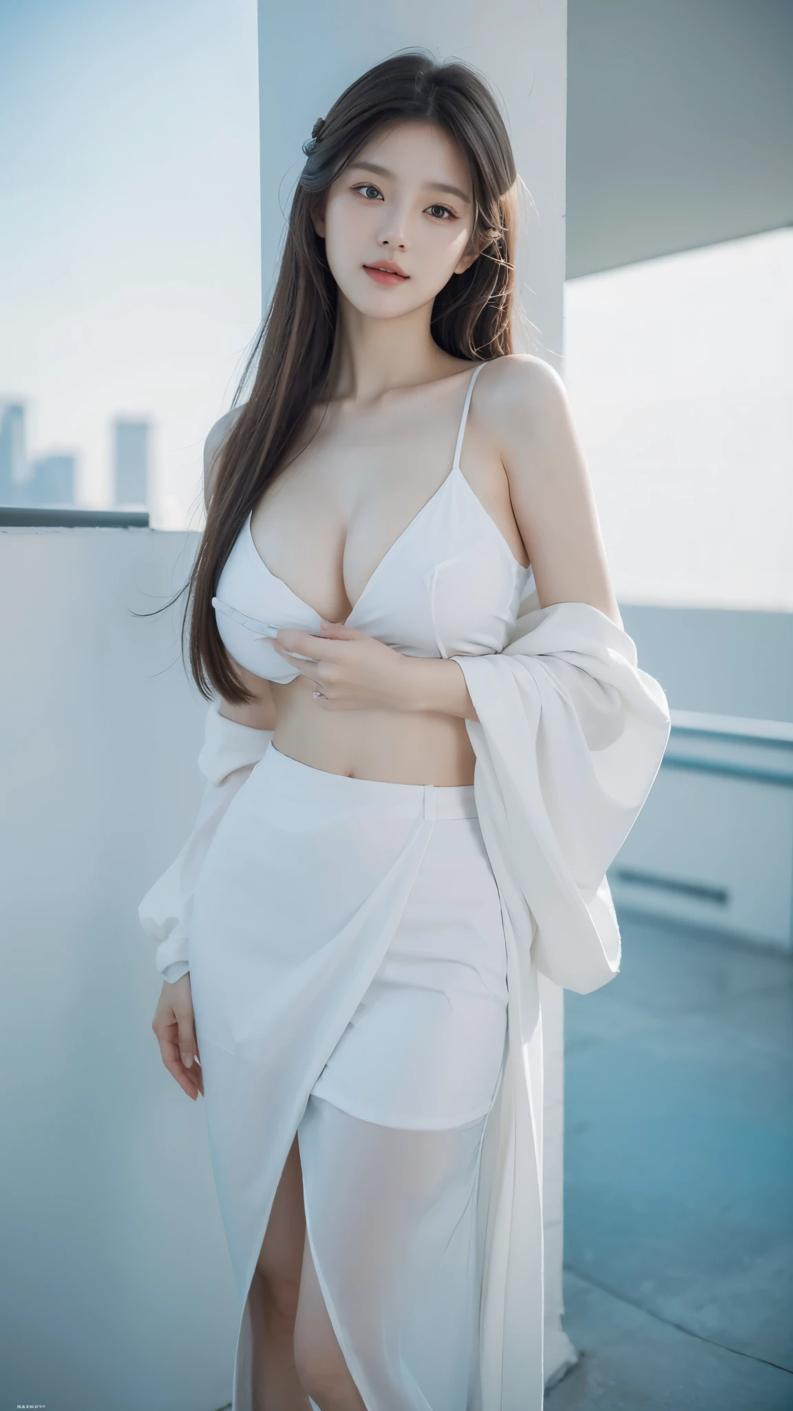 1 girl, masterpiece, best quality, best quality, Amazing, beautiful detailed eyes, finely detailed, depth of field, extremely detailed CG unity 8k wallpaper, full body, neck beauty, white skin color, open cyan clothe from neck, cyan sexy colored cloths, half chest,big breast ,photorealistic, mix4,