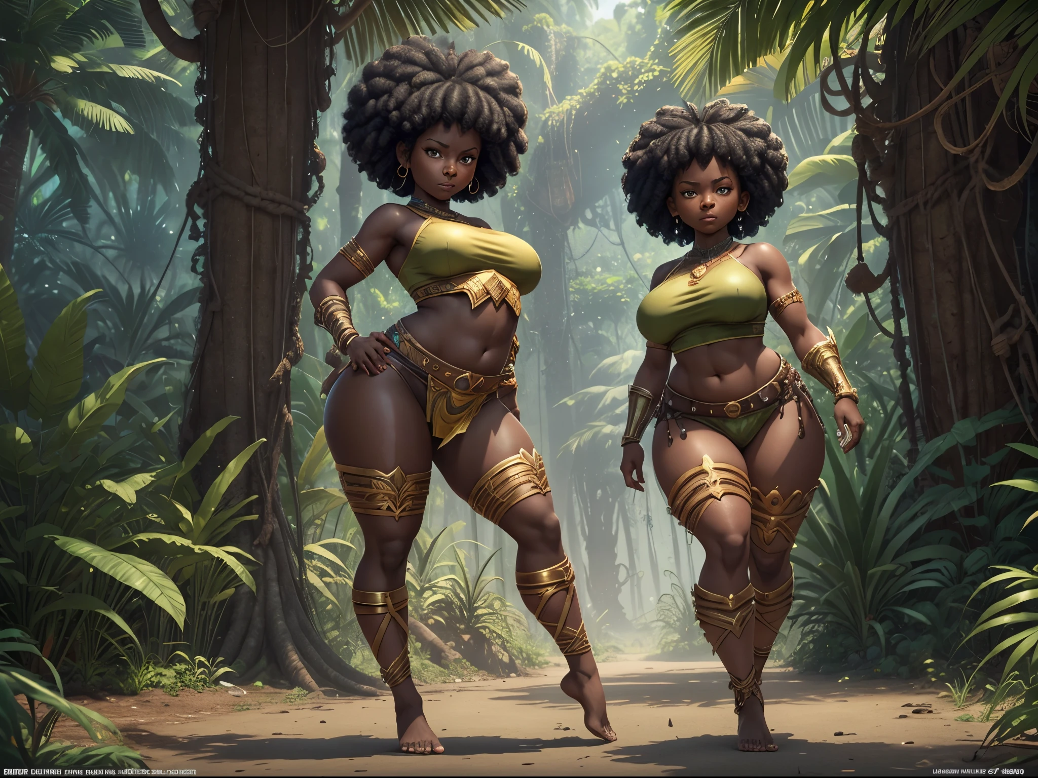 HD, dark skinned, young female, age 18, humanoid, honey, black afro hair, Jackie Parris, ((((Jackie Parris)))), full body cgsociety, 3d character art, full character body, detailed full body concept, stylized character, erotica, ((young girl, 1girl, age 18)), ((complex detailed background, jungle, outside)), erotica, full body, sexy, loincloth, barefoot, wide hips, jungle, thicc body, thicc, chubby, wide hips, small breasts, amazon, action pose, single character