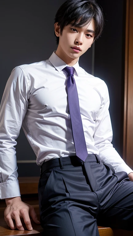 solo , 1man , thai man , white shirt with collar , purple necktie , black Long pants 