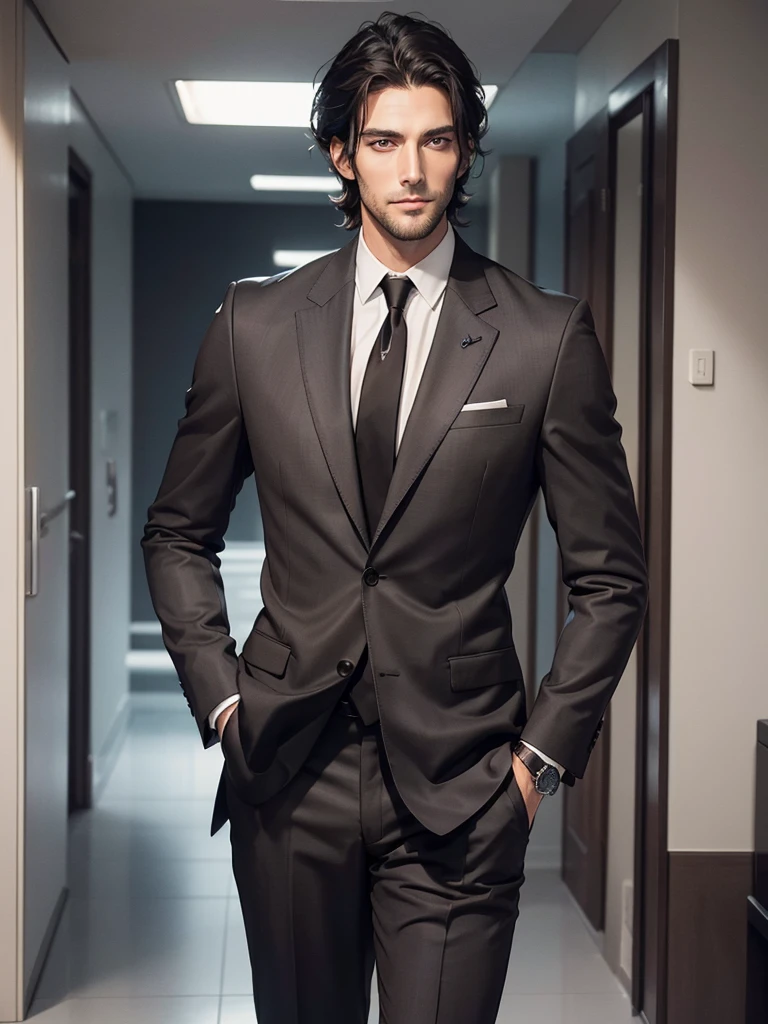 there is a tall and handsome man with Sharp dark brown eyes, wearing a grey noble suit and tie standing in a hallway, wearing a luxurious watch, his hair is Jet black, cut neatly but slightly messy in the front