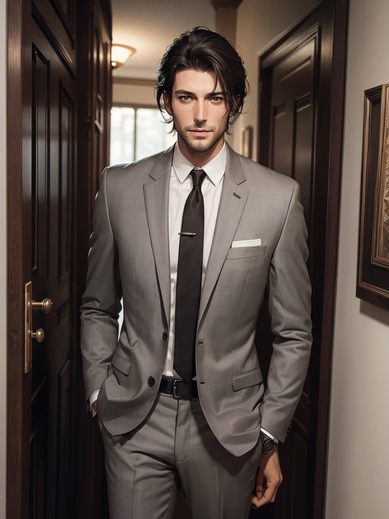 there is a tall and handsome man with Sharp dark brown eyes, wearing a grey noble suit and tie standing in a hallway, wearing a luxurious watch, his hair is Jet black, cut neatly but slightly messy in the front