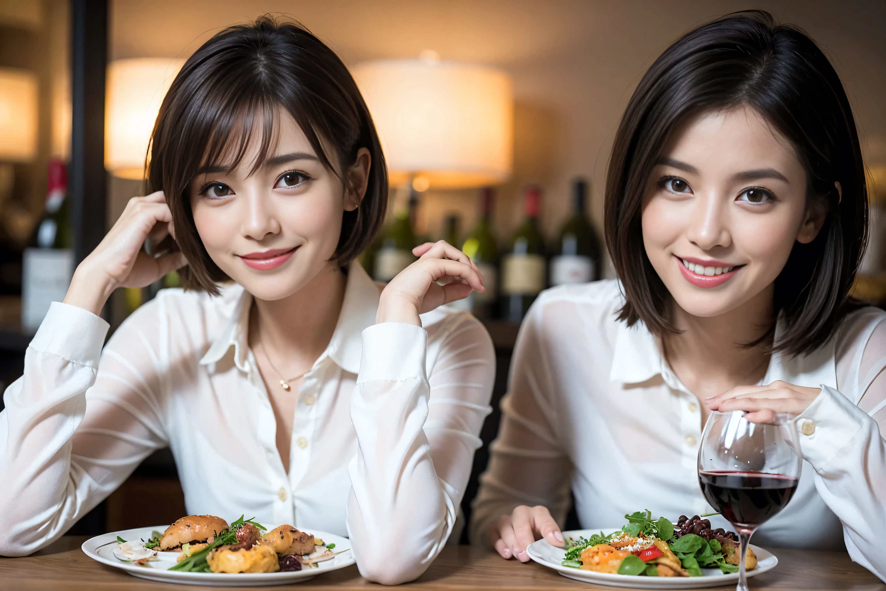 (Realistic:1.1),(masterpiece,Highest quality),8k,(49 years old), 50 years old, slimカップル、Tight waist,Upper Body,full-course dinner、wine 、Amazing view of the sunset sky and clouds、Perfect Anatomy, Brown Hair, short hair,Random Hairstyles,((Highly detailed face and eyes:1.2)),Perfect golden ratio face,Long sleeve shirt、dress,(smile:1.2)、Shortcuts、cute、(Realistic, Intricate details:1.2), A bright smile、short hair,Bright Face、赤wine 、Appetizers、Italian food、wine bottle、Champagne、スパークリングwine、(slimな顔), (The body is slim), (Brown Hair), (Shortcuts), Upper Body, 白wine, slim, wineグラス,