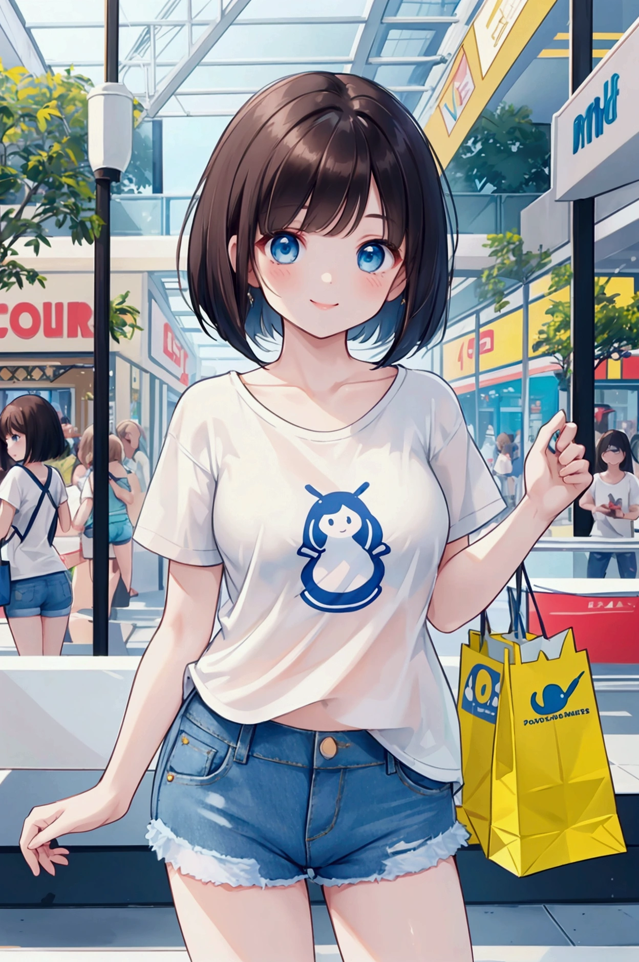 Photorealistic、Highest quality、Highest Resolution、Highest quality、８Ｋ、T-pose、One beautiful woman、Cute face、Bob cut hair、Dark Hair Color、Pale blue eyes、Beautiful breasts、Cute T-shirts、Light blue denim shorts、Shopping mall、looks fun、smile、